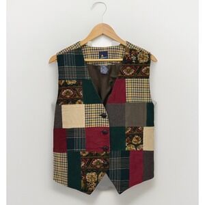Vintage 90s Y2K Patchwork Corduroy Tweed Waistcoat Vest Liz Sport Womens 14 Boho
